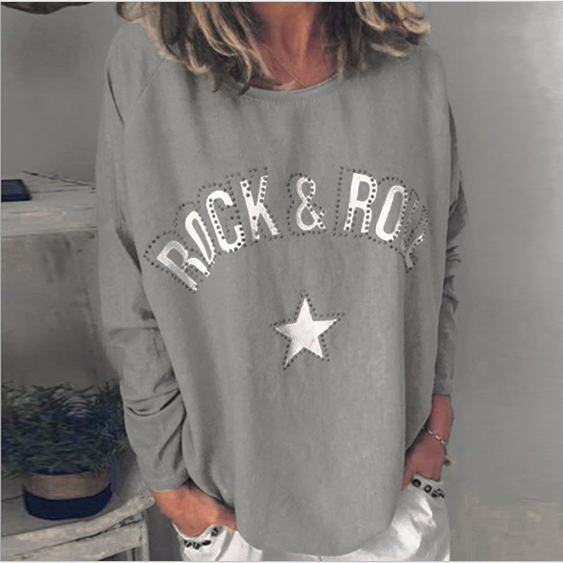 Damen Oversize-Sweatshirt mit Rock-and-Roll-Print und Sternapplikation Drune