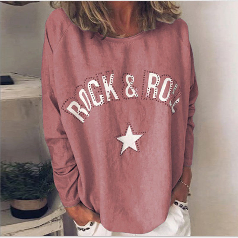 Damen Oversize-Sweatshirt mit Rock-and-Roll-Print und Sternapplikation Drune