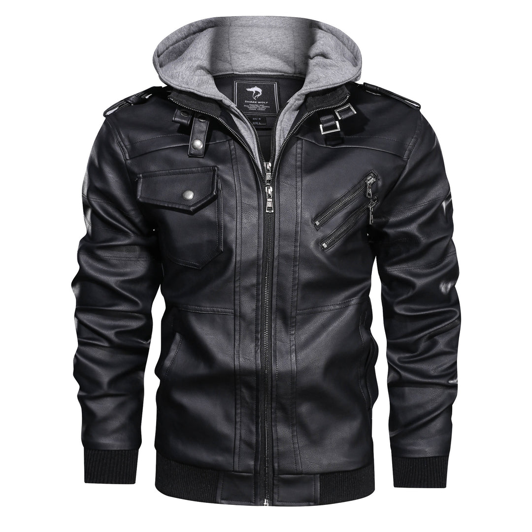 Herren Lederimitat-Bomberjacke mit Kapuzeneinsatz im Sweat-Look & Utility-Details Drune