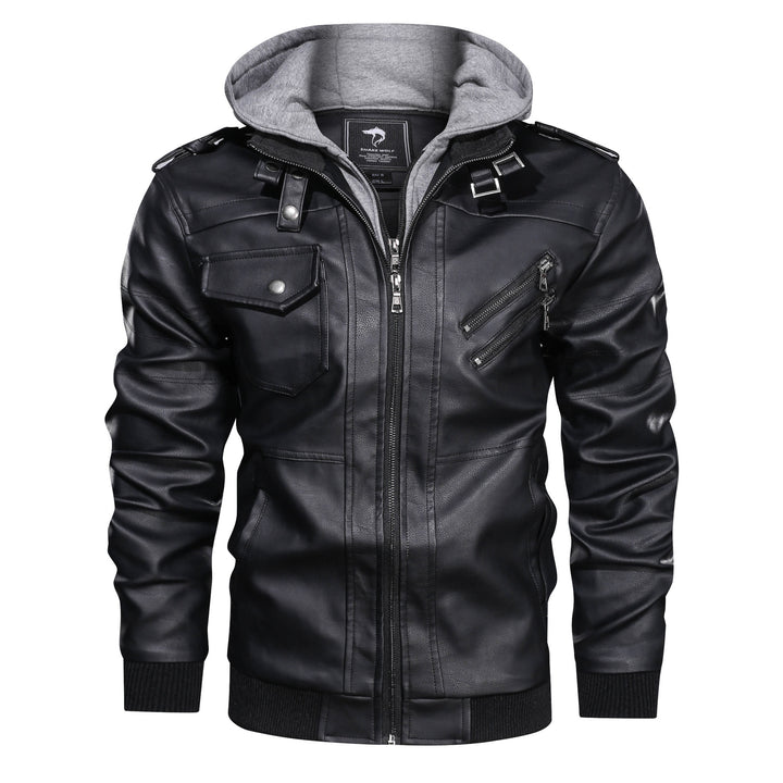 Herren Lederimitat-Bomberjacke mit Kapuzeneinsatz im Sweat-Look & Utility-Details Drune