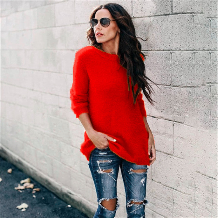 Damen nan kuscheliger Oversize-Strickpullover mit Rundhalsausschnitt Hoch-Tief-Saum und Seitenschlitzen Drune