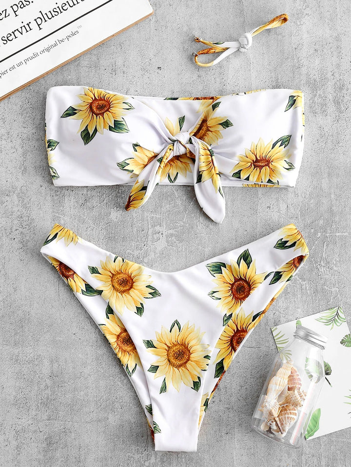 Damen Bandeau-Bikini mit floralem Design und praktischen Knoten Drune