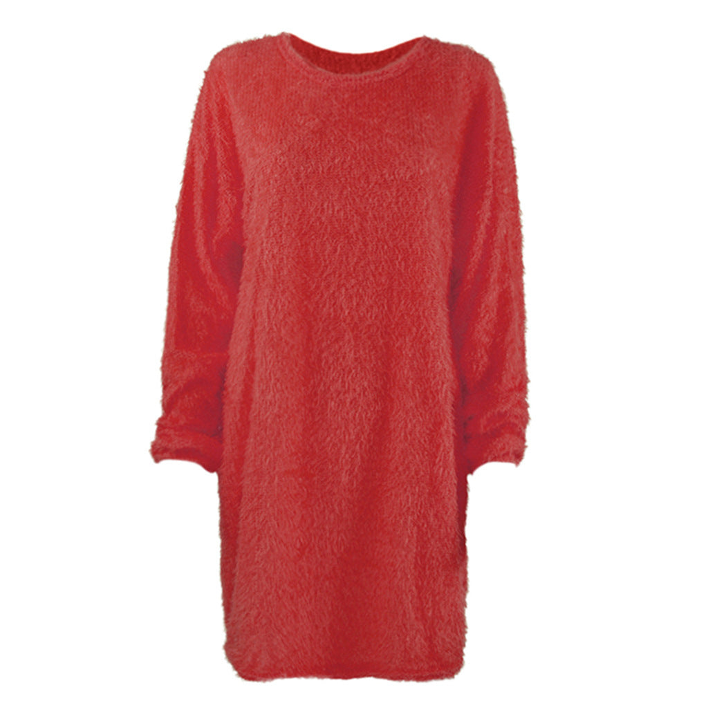 Damen Kuscheliges Oversize Plüsch-Kleid mit Rundhalsausschnitt Drune