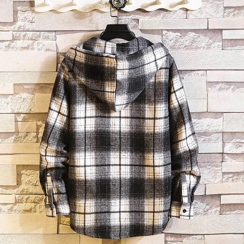 Herren Karo‑Flanell‑Hoodie‑Overshirt mit Kapuze, Brusttasche und Knopfleiste Drune