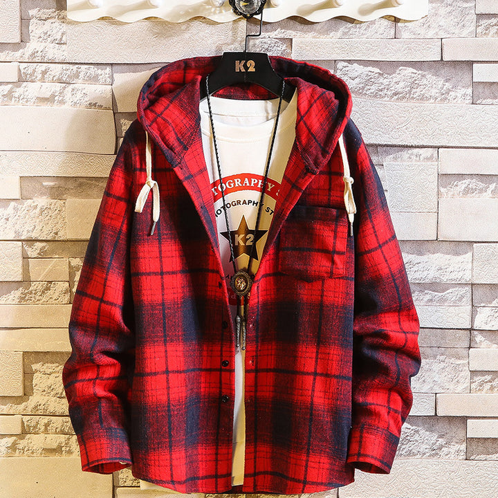 Herren Karo‑Flanell‑Hoodie‑Overshirt mit Kapuze, Brusttasche und Knopfleiste Drune