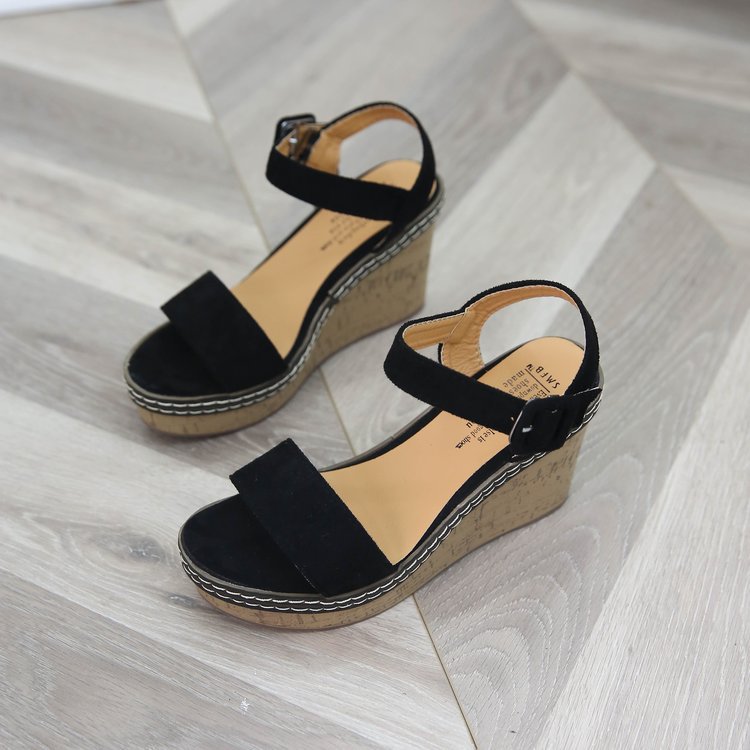 Damen nan Keilabsatzsandalen mit Korkplateau, verstellbarem Schnallenriemen und gekreuzten Wildlederriemen Drune