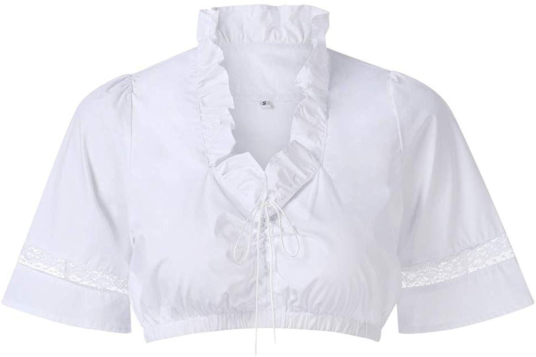 Damen  traditionelle Dirndlbluse mit Rüschenausschnitt und Spitzenbesatz sowie dreiviertelärmel Drune