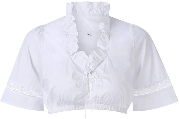 Damen  traditionelle Dirndlbluse mit Rüschenausschnitt und Spitzenbesatz sowie dreiviertelärmel Drune