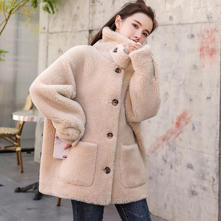 Damen kuscheliger Fleece Mantel mit hohen Kragen und Taschen Drune
