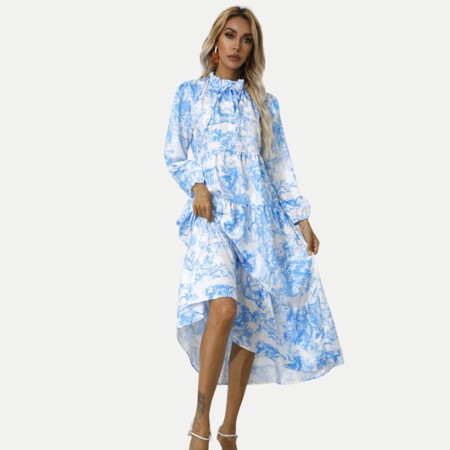Drune | Toile-Druck Midi-Kleid mit hohem Kragen