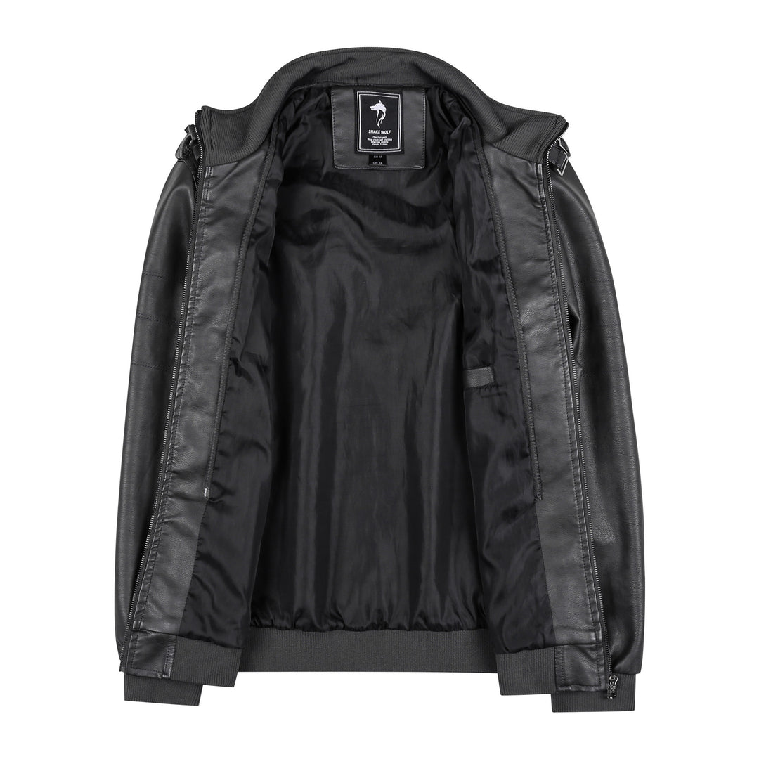 Herren Lederjacke im Biker-Stil mit Stehkragen, Reißverschluss-Taschen und elastischen Bündchen Drune