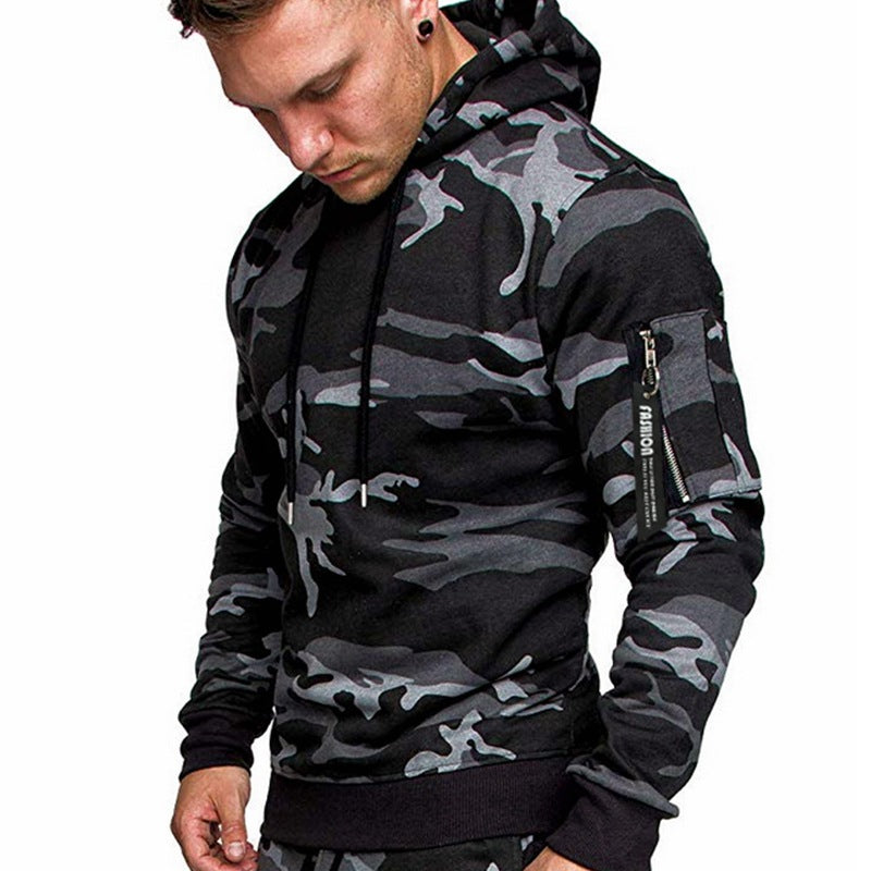 Herren Slim-Fit Kapuzenpullover mit Ärmeltasche und Reißverschluss-Detail Drune