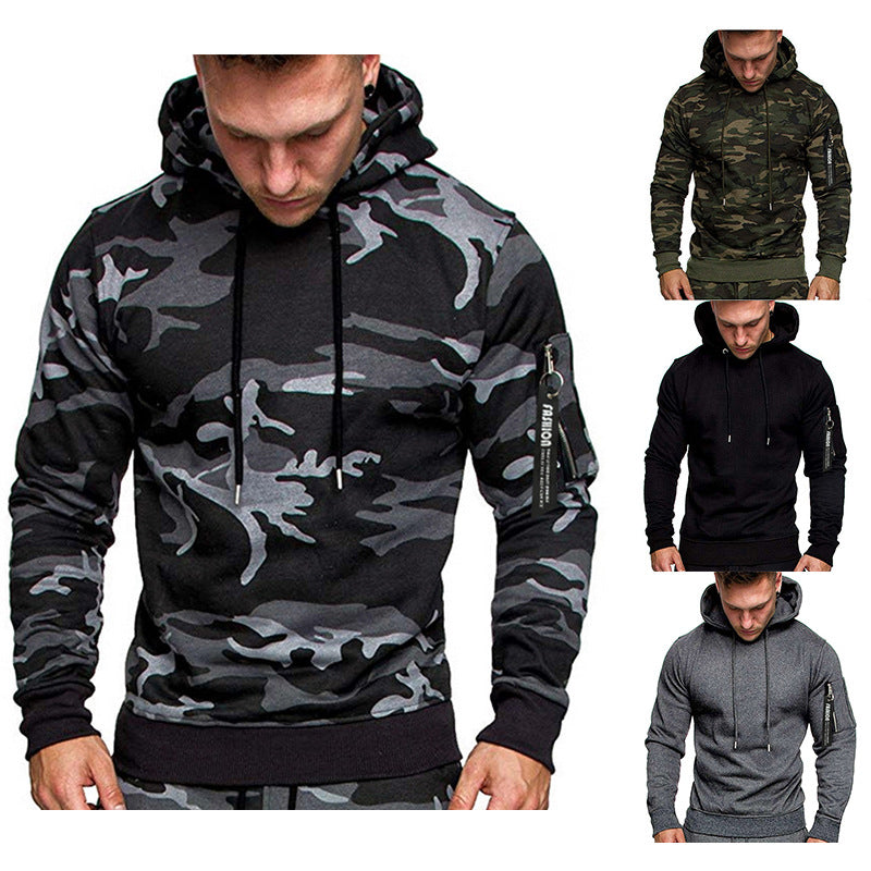 Herren Slim-Fit Kapuzenpullover mit Ärmeltasche und Reißverschluss-Detail Drune