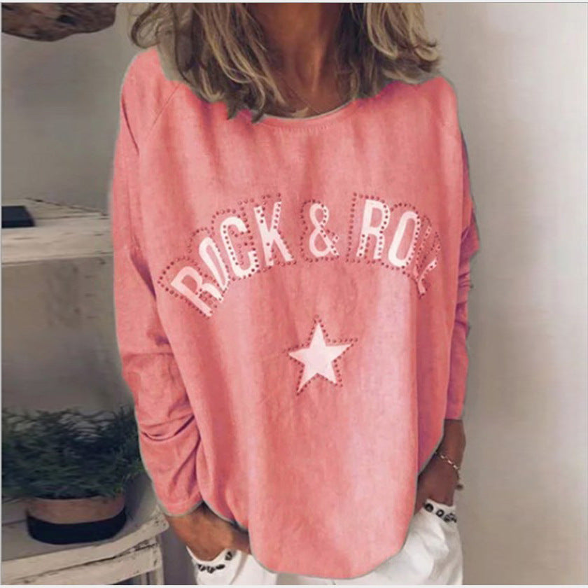 Damen Oversize-Sweatshirt mit Rock-and-Roll-Print und Sternapplikation Drune