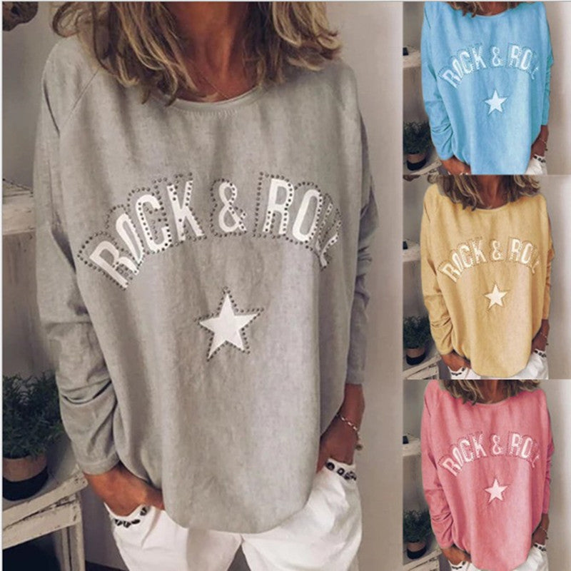 Damen Oversize-Sweatshirt mit Rock-and-Roll-Print und Sternapplikation Drune