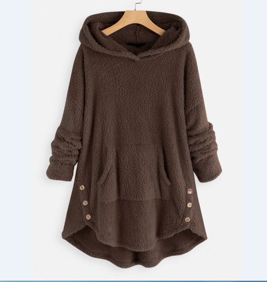 Damen nan kuscheliger Teddy-Kapuzenpullover mit Kängurutasche, Knopfleiste an den Seiten und abgerundetem Saum Drune