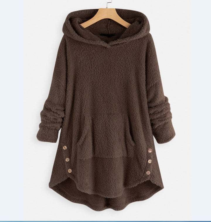 Damen nan kuscheliger Teddy-Kapuzenpullover mit Kängurutasche, Knopfleiste an den Seiten und abgerundetem Saum Drune