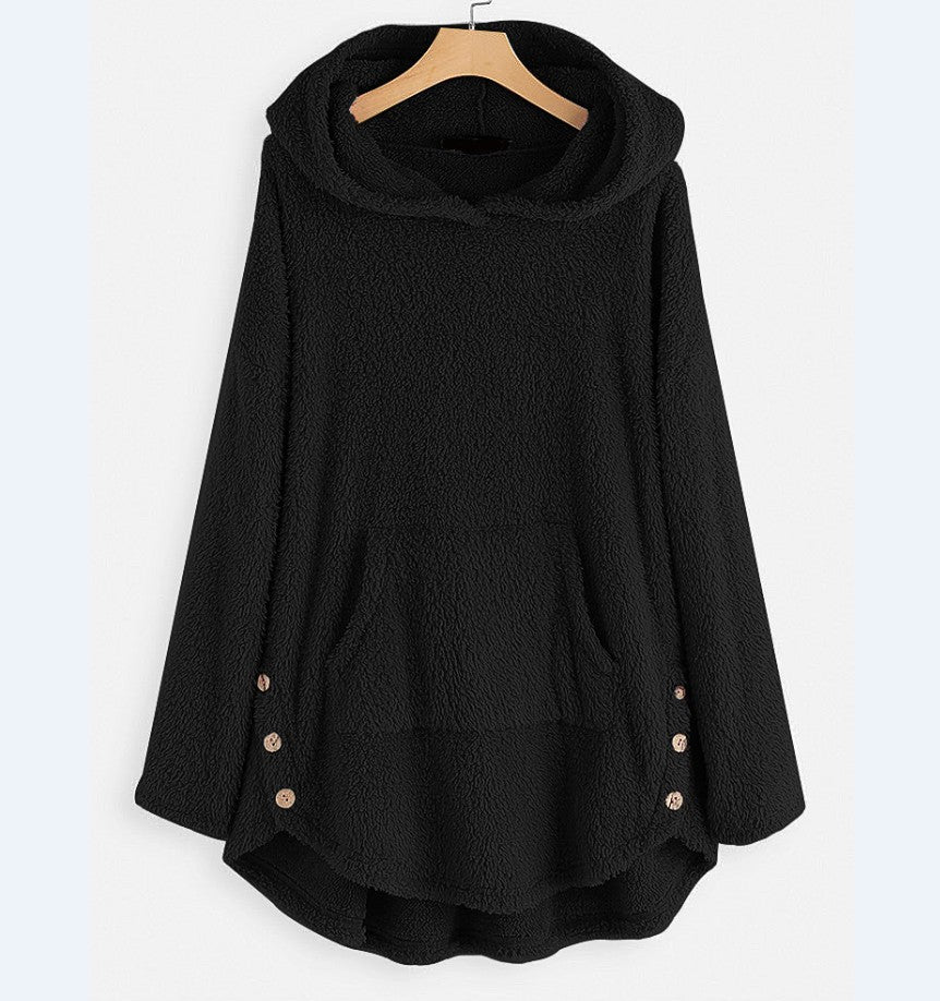 Damen nan kuscheliger Teddy-Kapuzenpullover mit Kängurutasche, Knopfleiste an den Seiten und abgerundetem Saum Drune