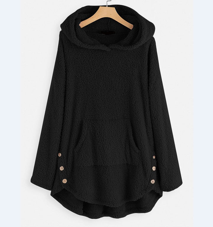 Damen nan kuscheliger Teddy-Kapuzenpullover mit Kängurutasche, Knopfleiste an den Seiten und abgerundetem Saum Drune