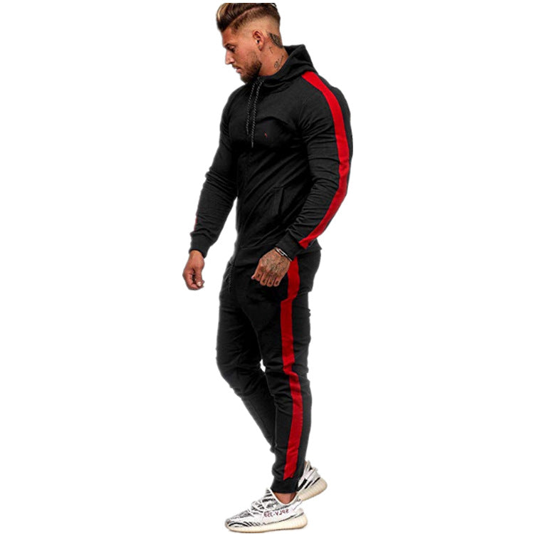 Herren figurbetonter Kapuzen-Trainingsanzug mit durchgehendem Reißverschluss, Kordelzug und kontrastierendem Seitenstreifen Drune