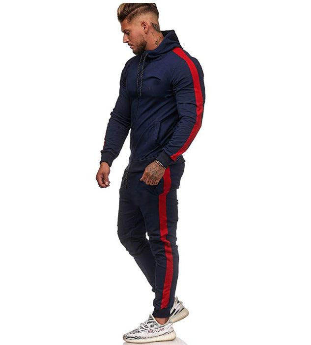 Herren figurbetonter Kapuzen-Trainingsanzug mit durchgehendem Reißverschluss, Kordelzug und kontrastierendem Seitenstreifen Drune
