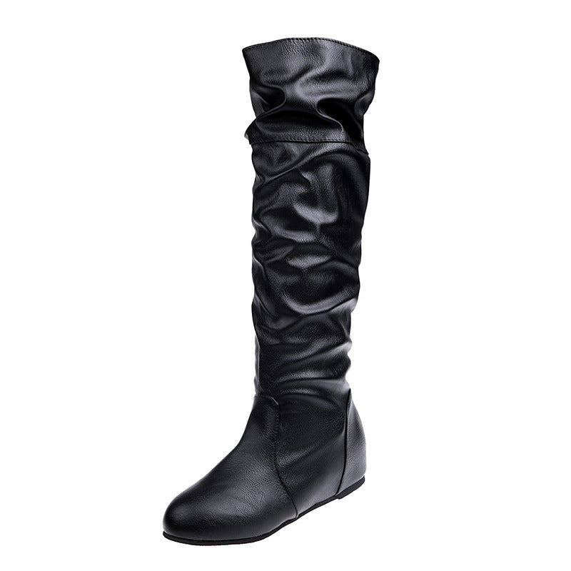 Damen Overknee-Stiefel aus weichem Kunstleder mit slouchigem Schaft und flachem Keilabsatz Drune