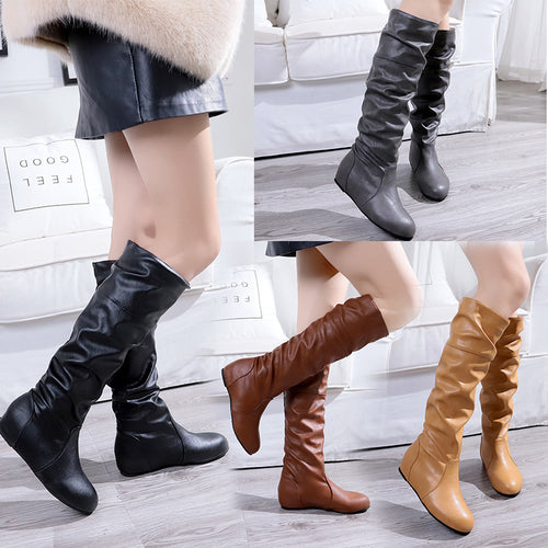 Damen Overknee-Stiefel aus weichem Kunstleder mit slouchigem Schaft und flachem Keilabsatz Drune