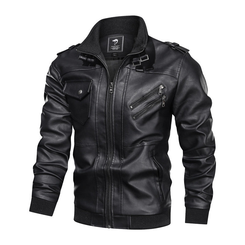 Herren Lederjacke im Biker-Stil mit Stehkragen, Reißverschluss-Taschen und elastischen Bündchen Drune