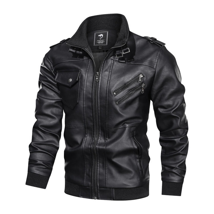 Herren Lederjacke im Biker-Stil mit Stehkragen, Reißverschluss-Taschen und elastischen Bündchen Drune