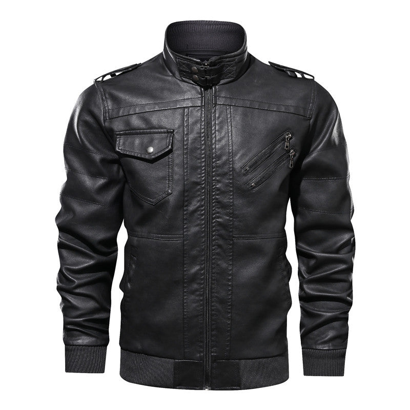 Herren Lederjacke im Biker-Stil mit Stehkragen, Reißverschluss-Taschen und elastischen Bündchen Drune