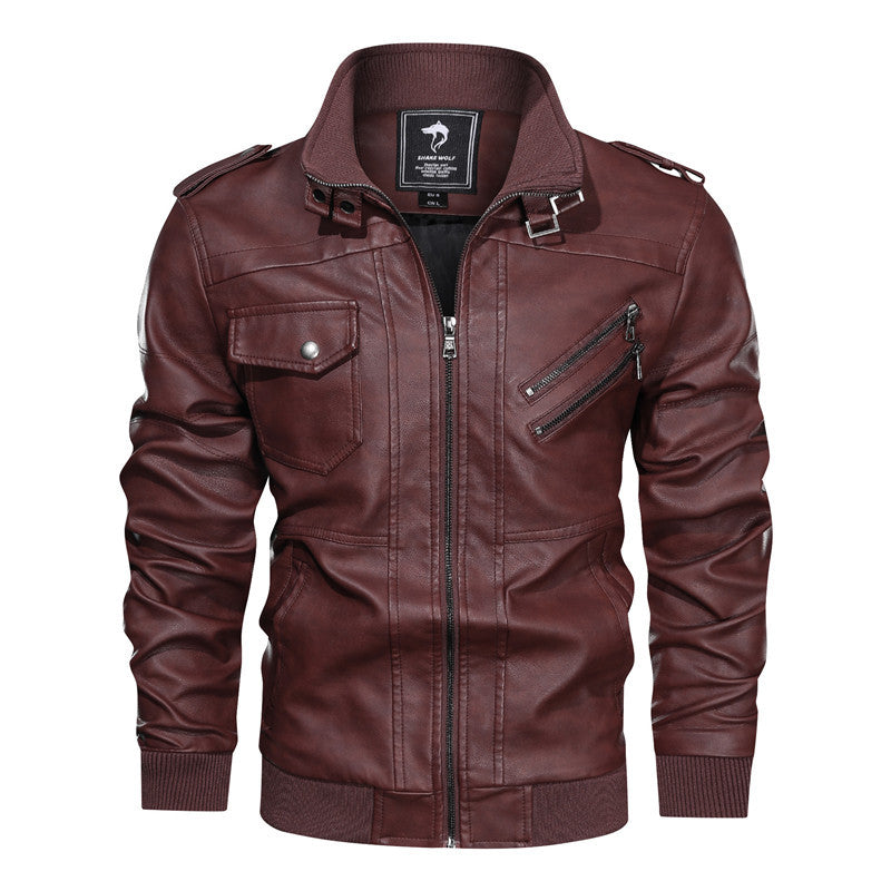Herren Lederjacke im Biker-Stil mit Stehkragen, Reißverschluss-Taschen und elastischen Bündchen Drune