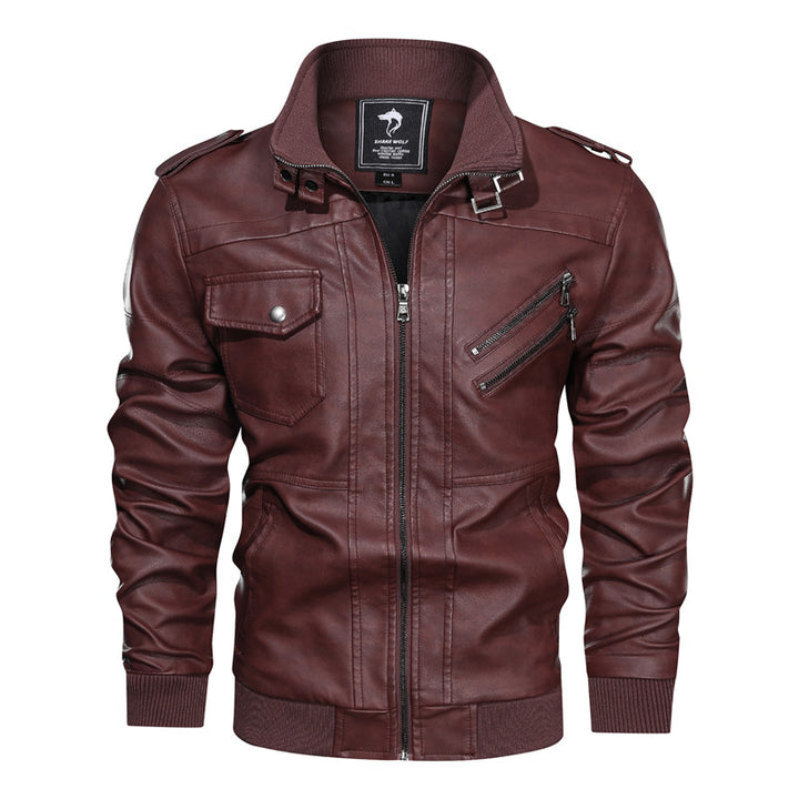 Herren Lederjacke im Biker-Stil mit Stehkragen, Reißverschluss-Taschen und elastischen Bündchen Drune