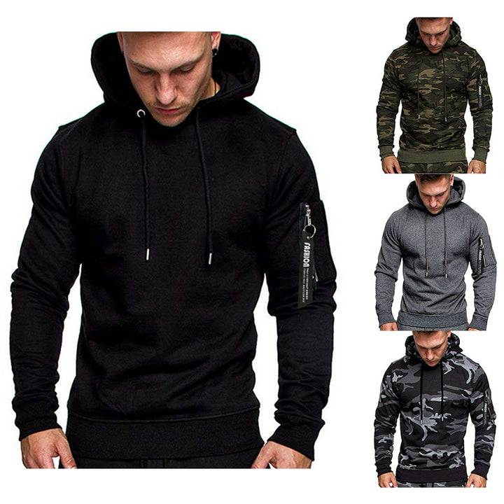 Herren Slim-Fit Kapuzenpullover mit Ärmeltasche und Reißverschluss-Detail Drune