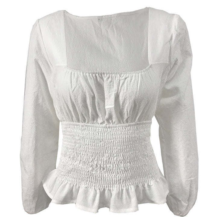 Damen Bluse mit elastischem Rüschensaum und langen Ärmeln Drune