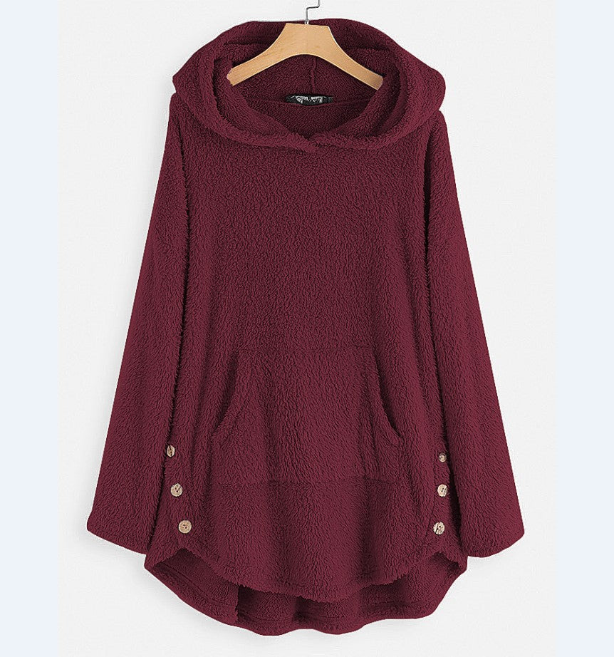 Damen nan kuscheliger Teddy-Kapuzenpullover mit Kängurutasche, Knopfleiste an den Seiten und abgerundetem Saum Drune