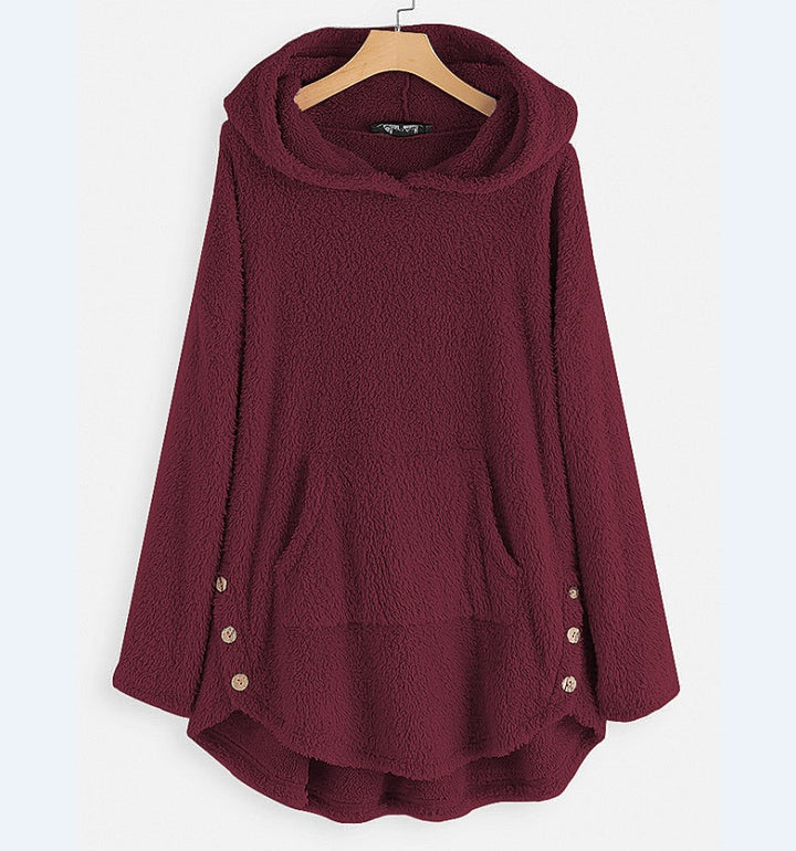 Damen nan kuscheliger Teddy-Kapuzenpullover mit Kängurutasche, Knopfleiste an den Seiten und abgerundetem Saum Drune