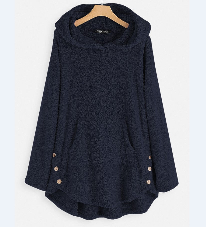 Damen nan kuscheliger Teddy-Kapuzenpullover mit Kängurutasche, Knopfleiste an den Seiten und abgerundetem Saum Drune