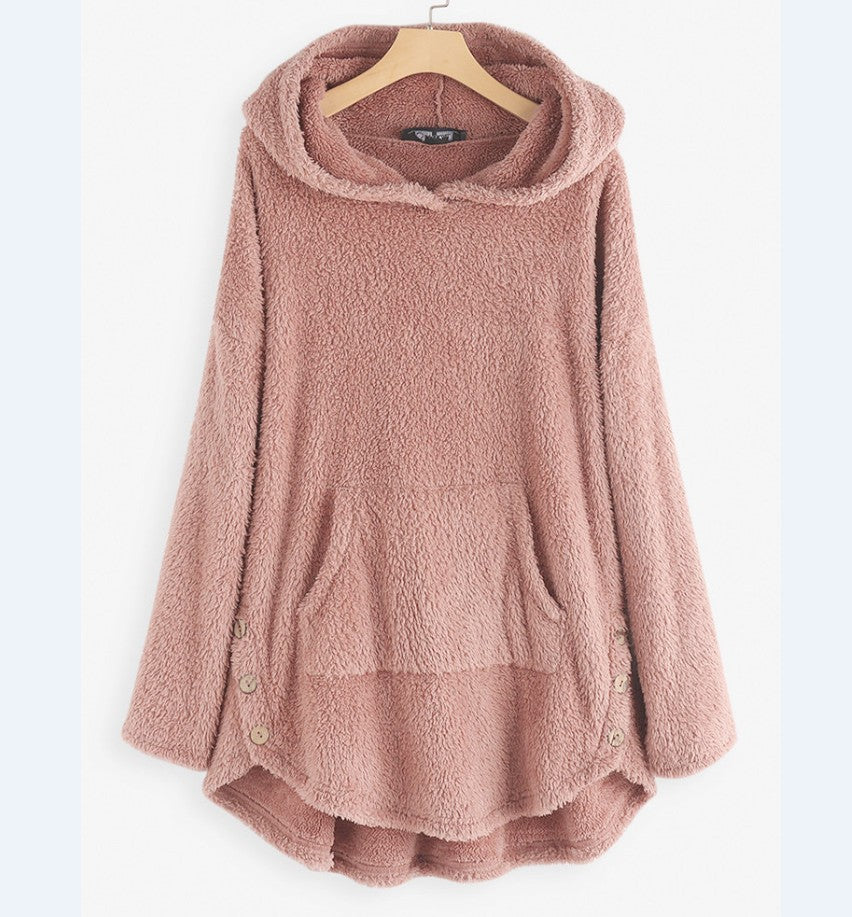 Damen nan kuscheliger Teddy-Kapuzenpullover mit Kängurutasche, Knopfleiste an den Seiten und abgerundetem Saum Drune