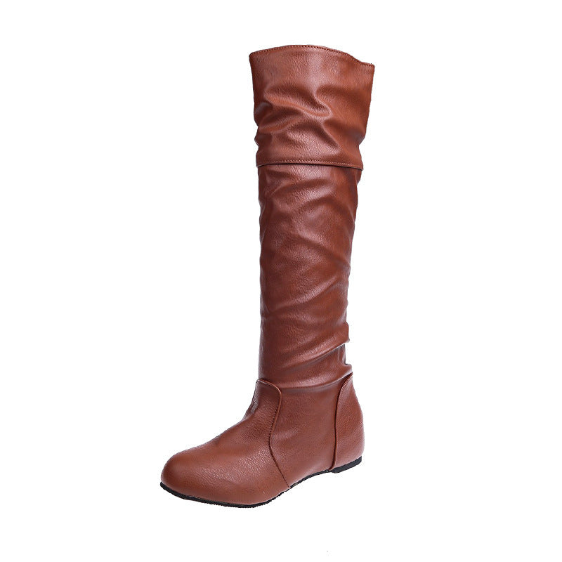 Damen Overknee-Stiefel aus weichem Kunstleder mit slouchigem Schaft und flachem Keilabsatz Drune