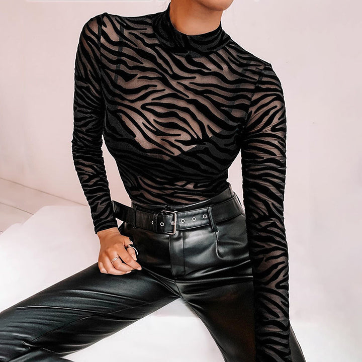 Damen eleganter und transparenter Langarm-Bodysuit mit Zebra-Design Drune