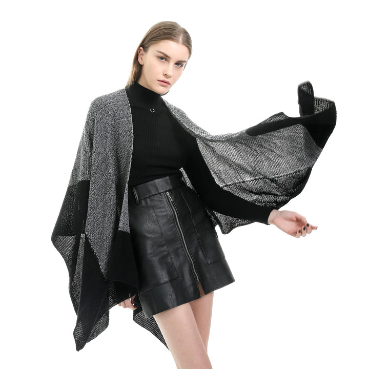 Damen Offene Strick‑Ruana mit Wasserfall‑Saum und Blockstreifen Drune