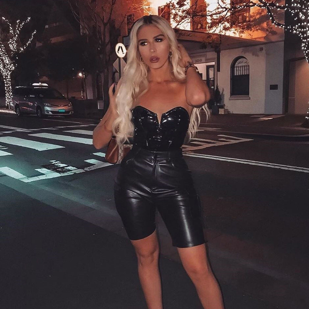 Damen Glamouröser Badeanzug mit tiefem V-Ausschnitt und glänzender Oberfläche Drune