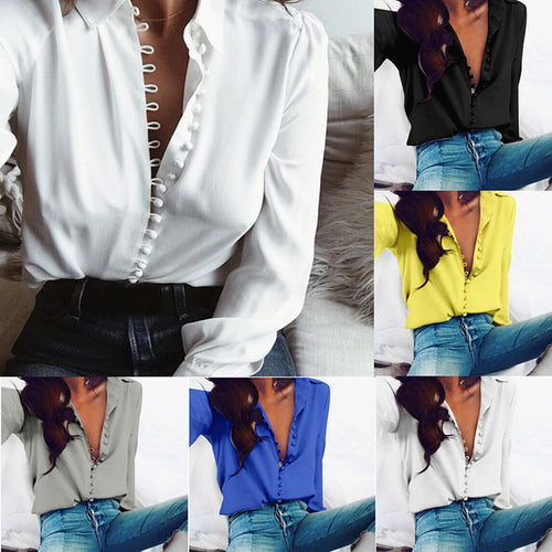 Damen nan seidige V-Bluse mit verdeckter Stoffknopfleiste und legerer Passform Drune
