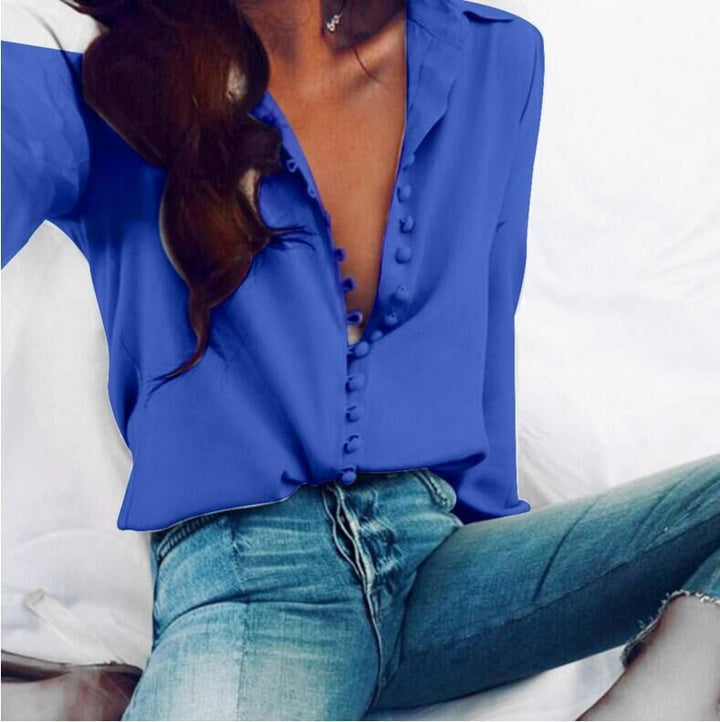 Damen nan seidige V-Bluse mit verdeckter Stoffknopfleiste und legerer Passform Drune