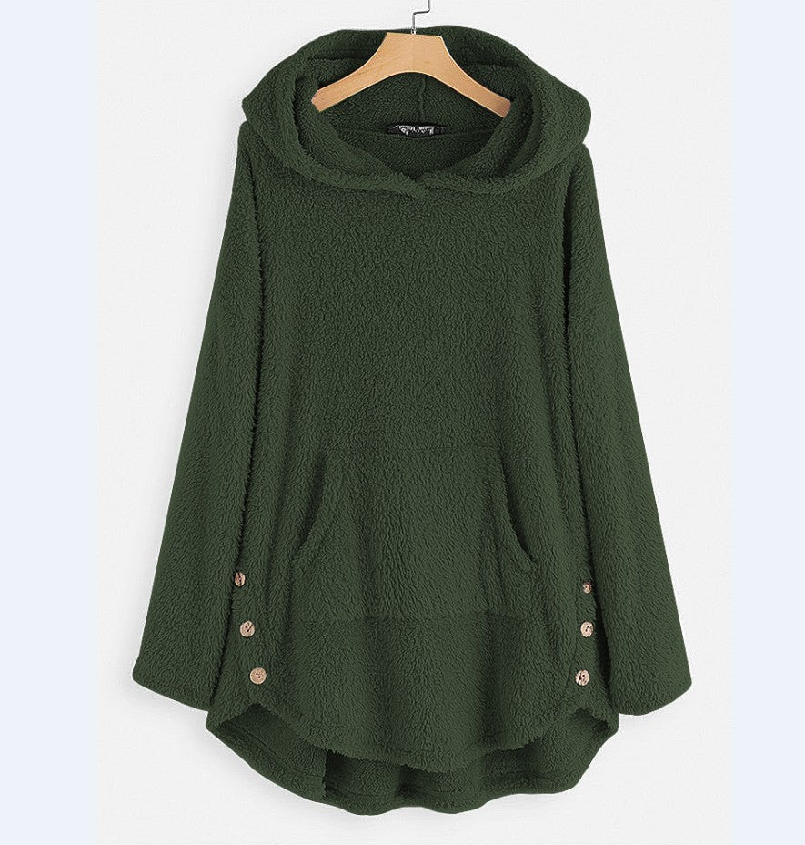 Damen nan kuscheliger Teddy-Kapuzenpullover mit Kängurutasche, Knopfleiste an den Seiten und abgerundetem Saum Drune