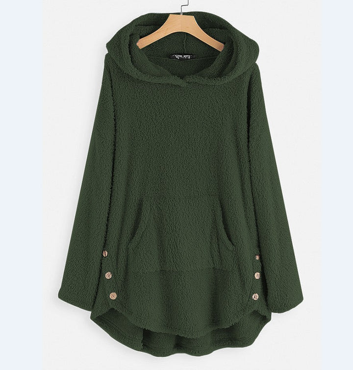 Damen nan kuscheliger Teddy-Kapuzenpullover mit Kängurutasche, Knopfleiste an den Seiten und abgerundetem Saum Drune