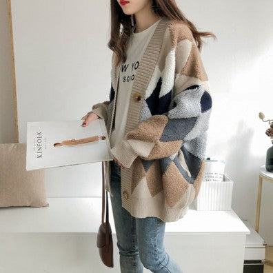 Damen Grobstrickjacke mit dekorativem Rautenmuster und komfortablem Schnitt Drune