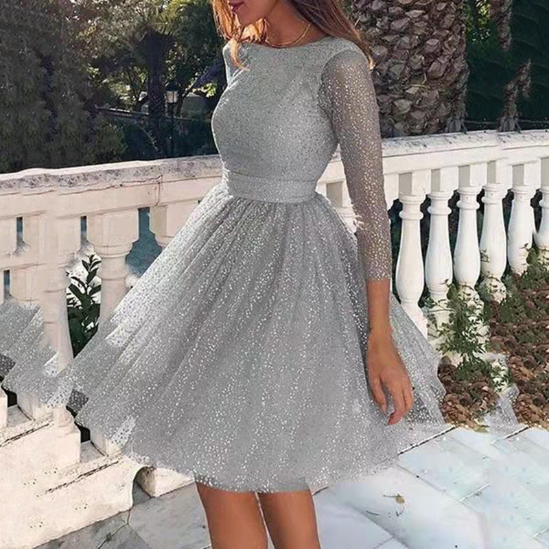 Damen Elegantes Tüllkleid mit Transparenten Ärmeln Drune
