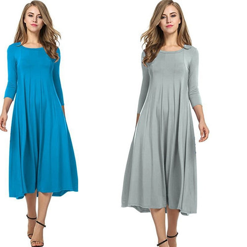 Drune | Quadrat-Ausschnitt 3/4-Lange Uni-Farbe Midi-Kleid
