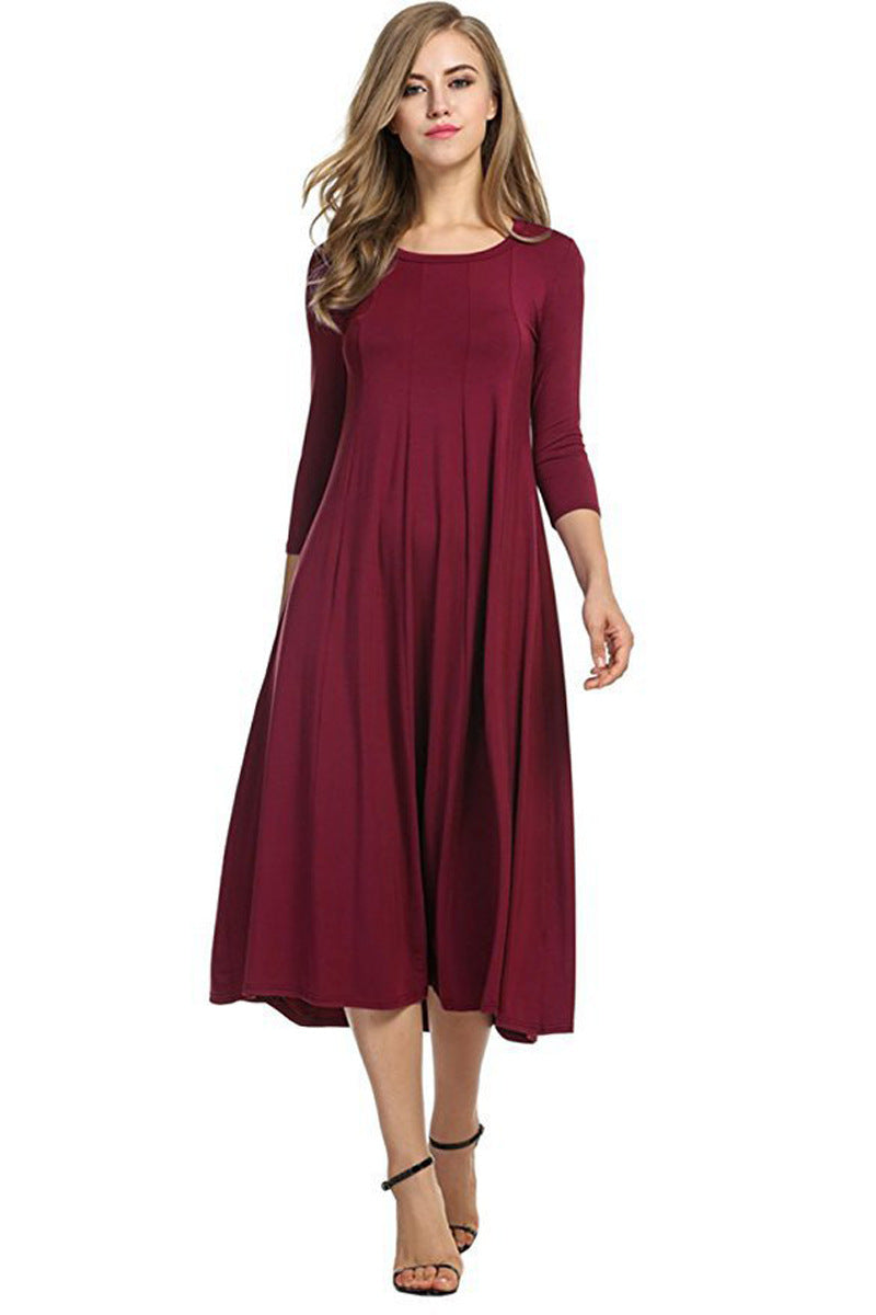 Drune | Quadrat-Ausschnitt 3/4-Lange Uni-Farbe Midi-Kleid